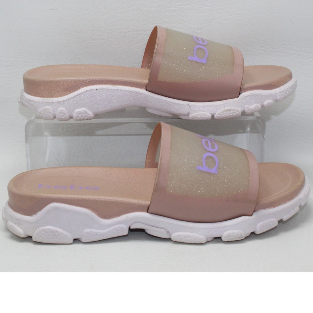 Bebe‎ Womens Glitter Logo Slide Sandals Mauve Purple Chunky Sole Size 6 EUR 37
